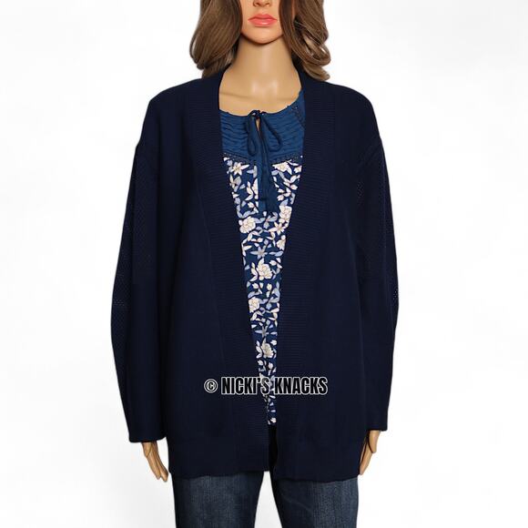 Faith & Zoe Navy Blue Open Front Mesh Panel Knit Cardigan Sweater Size L - Picture 2 of 11